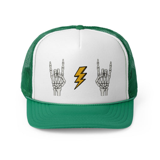 Heavy Metal Horns Trucker Cap – Skeleton Rock On Hat with Vintage Lightning Bolt