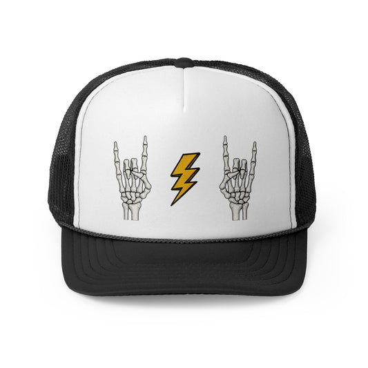 Heavy Metal Horns Trucker Cap – Skeleton Rock On Hat with Vintage Lightning Bolt