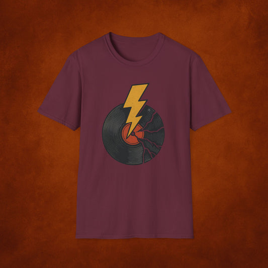 Electric Vinyl T-Shirt - Retro Record & Lightning Bolt Graphic Tee
