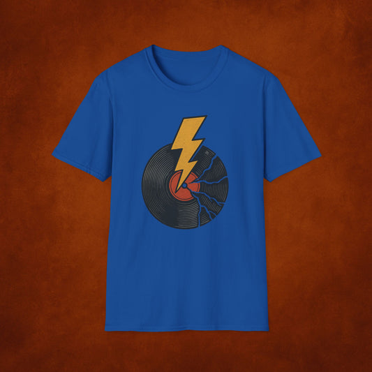 Electric Vinyl T-Shirt - Retro Record & Lightning Bolt Graphic Tee